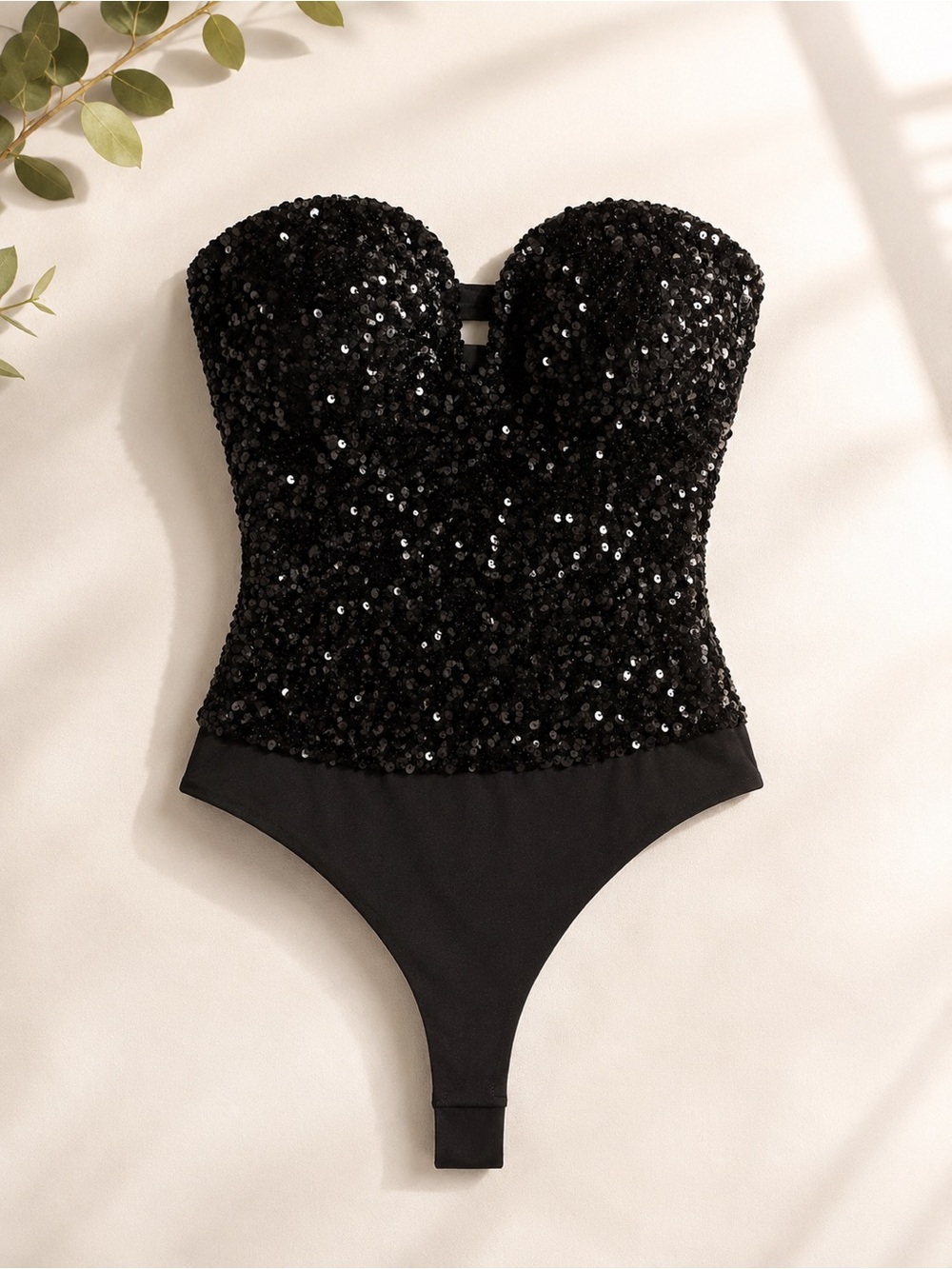 Black Sequinned Deep-Plunge Strapless Bodysuit Small